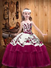 Floor Length Fuchsia Little Girl Pageant Gowns Organza Sleeveless Embroidery