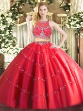 Superior Scoop Sleeveless Tulle Quince Ball Gowns Beading Zipper