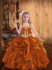 Luxurious Organza Straps Sleeveless Lace Up Embroidery and Ruffles Little Girls Pageant Dress Wholesale in Orange