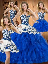 Affordable Blue Sleeveless Floor Length Embroidery and Ruffles Lace Up Ball Gown Prom Dress