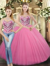 Best Rose Pink Sleeveless Tulle Lace Up Quince Ball Gowns for Military Ball and Sweet 16 and Quinceanera
