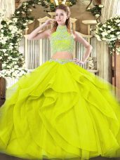 Super Yellow Green High-neck Backless Beading and Ruffles Sweet 16 Dresses Sleeveless