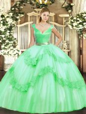 Apple Green Zipper 15th Birthday Dress Beading and Appliques Sleeveless Floor Length