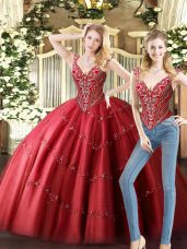 Floor Length Wine Red Quinceanera Gown V-neck Sleeveless Lace Up
