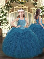 Fashionable Teal Ball Gowns Tulle Straps Sleeveless Beading and Ruffles Floor Length Lace Up Custom Made Pageant Dress