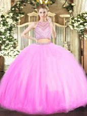 Lilac Tulle Zipper Quinceanera Dress Sleeveless Floor Length Beading