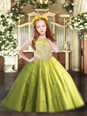 Dazzling Olive Green Little Girl Pageant Gowns Party and Quinceanera with Beading and Appliques Scoop Sleeveless Zipper