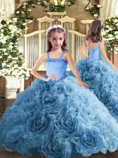Eye-catching Baby Blue Lace Up Straps Appliques Kids Formal Wear Fabric With Rolling Flowers Sleeveless