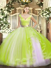 Floor Length Yellow Green Quinceanera Dress Tulle Sleeveless Beading and Ruffles