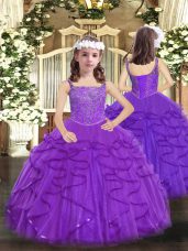 Tulle Straps Sleeveless Lace Up Beading and Ruffles Little Girls Pageant Dress in Purple