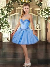 Baby Blue Ball Gowns Beading and Ruffles Prom Dress Lace Up Organza Sleeveless Mini Length