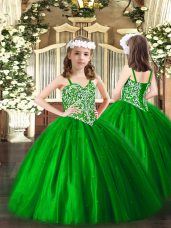 Customized Straps Sleeveless Tulle Pageant Gowns For Girls Beading Lace Up