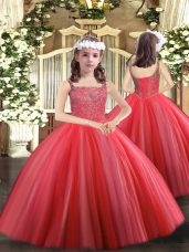 Floor Length Lace Up Girls Pageant Dresses Coral Red for Party and Sweet 16 and Quinceanera and Wedding Party with Beading