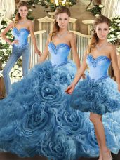 Baby Blue Lace Up Sweetheart Beading Quinceanera Gowns Fabric With Rolling Flowers Sleeveless