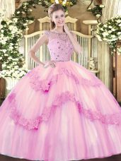 High Quality Floor Length Ball Gowns Sleeveless Rose Pink Quince Ball Gowns Zipper
