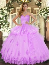 Artistic Lilac Tulle Lace Up Sweetheart Sleeveless Floor Length 15th Birthday Dress Beading and Appliques and Ruffles