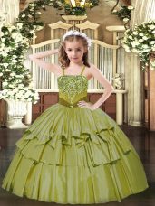 Olive Green Ball Gowns Organza Straps Sleeveless Beading and Ruffled Layers Floor Length Lace Up Girls Pageant Dresses
