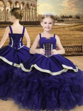 Straps Sleeveless Girls Pageant Dresses Floor Length Beading and Ruffles Purple Organza