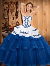 Excellent Blue Lace Up Strapless Embroidery and Ruffled Layers Quinceanera Dresses Tulle Sleeveless Sweep Train
