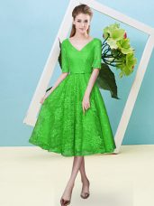 Traditional Green V-neck Neckline Bowknot Quinceanera Court of Honor Dress Half Sleeves Lace Up
