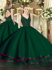 Dark Green A-line Beading and Ruffled Layers Quinceanera Gowns Zipper Tulle Sleeveless Floor Length