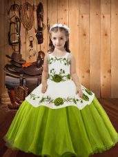 Olive Green Sleeveless Floor Length Embroidery Lace Up Little Girls Pageant Gowns
