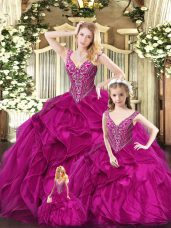 Vintage Fuchsia Sleeveless Floor Length Ruffles Lace Up 15th Birthday Dress