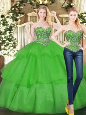 Green Sleeveless Floor Length Beading and Ruffled Layers Lace Up Quinceanera Dress