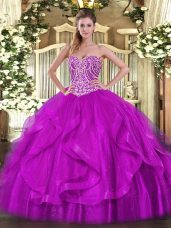 Dazzling Floor Length Fuchsia Ball Gown Prom Dress Organza Sleeveless Beading and Ruffles