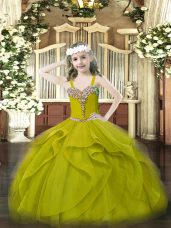 Super Olive Green One Shoulder Neckline Beading and Ruffles Little Girls Pageant Gowns Sleeveless Lace Up
