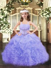 Sleeveless Floor Length Beading and Ruffles and Pick Ups Lace Up Party Dress for Toddlers with Lavender