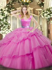 Shining Lilac Zipper Quinceanera Gowns Ruffled Layers Sleeveless Floor Length