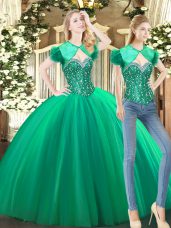 Green Ball Gowns Beading Sweet 16 Quinceanera Dress Lace Up Tulle Sleeveless Floor Length