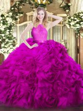 Fuchsia Sweet 16 Quinceanera Dress Military Ball and Sweet 16 and Quinceanera with Lace Scoop Sleeveless Zipper