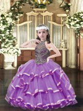 Lavender Halter Top Neckline Beading Pageant Gowns For Girls Sleeveless Lace Up