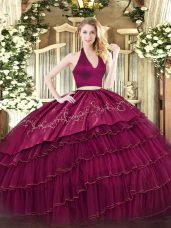 Colorful Burgundy Two Pieces Halter Top Sleeveless Organza and Taffeta Floor Length Zipper Embroidery and Ruffled Layers 15th Birthday Dress