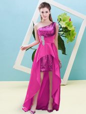 Custom Design Fuchsia A-line Elastic Woven Satin and Sequined One Shoulder Sleeveless Beading and Sequins High Low Lace Up Dress for Prom