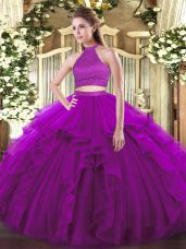Sleeveless Tulle Floor Length Backless Sweet 16 Dresses in Purple with Beading and Ruffles