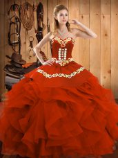 Nice Rust Red Quince Ball Gowns Military Ball and Sweet 16 and Quinceanera with Embroidery and Ruffles Sweetheart Sleeveless Lace Up