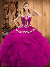 Chic Fuchsia Sleeveless Floor Length Embroidery and Ruffles Lace Up Quinceanera Gown