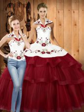 On Sale Sleeveless Satin and Organza With Train Sweep Train Lace Up Quinceanera Dresses in Wine Red with Embroidery and Ruffled Layers