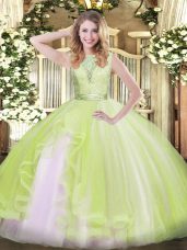 Stunning Yellow Green Sleeveless Floor Length Lace and Ruffles Backless Quinceanera Gowns