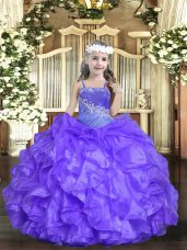 Lavender Sleeveless Organza Lace Up Kids Pageant Dress for Sweet 16 and Quinceanera