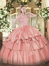 Custom Made Coral Red Sleeveless Floor Length Beading and Ruffled Layers Zipper 15 Quinceanera Dress