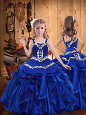 Popular Royal Blue Sleeveless Floor Length Embroidery and Ruffles Lace Up Little Girls Pageant Gowns