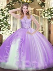Floor Length Lavender Quinceanera Dress Organza Sleeveless Lace and Ruffles