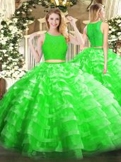 Chic Green Organza Zipper 15th Birthday Dress Sleeveless Floor Length Lace and Ruffled Layers