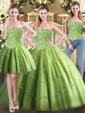 Ball Gowns Quinceanera Dress Olive Green Sweetheart Tulle Sleeveless Floor Length Lace Up