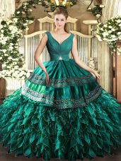 Sleeveless Floor Length Beading and Ruffles Backless 15th Birthday Dress with Turquoise