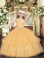 Top Selling Orange Organza Zipper Party Dress for Girls Sleeveless Floor Length Beading and Lace and Ruffled Layers